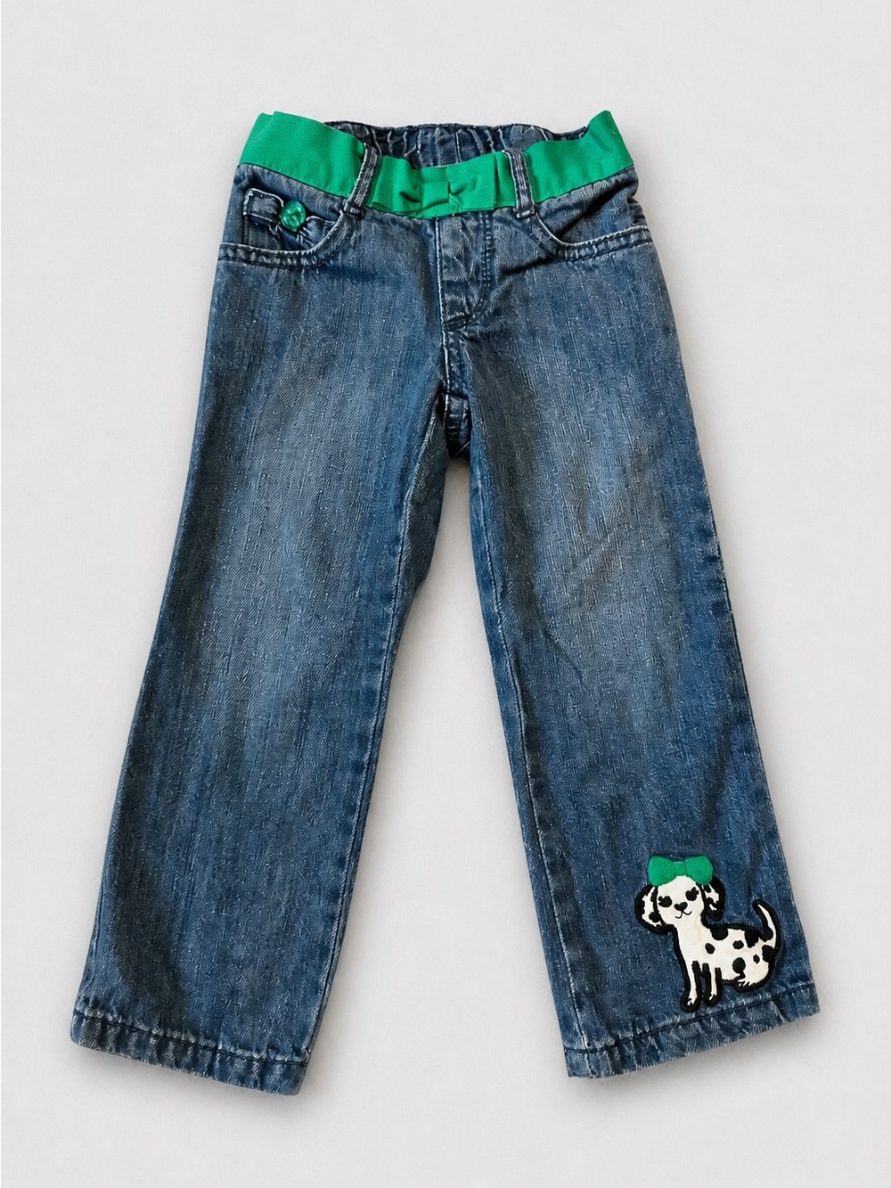 Gymboree Blue Denim Jeans with Green Waistband and Dog Applique